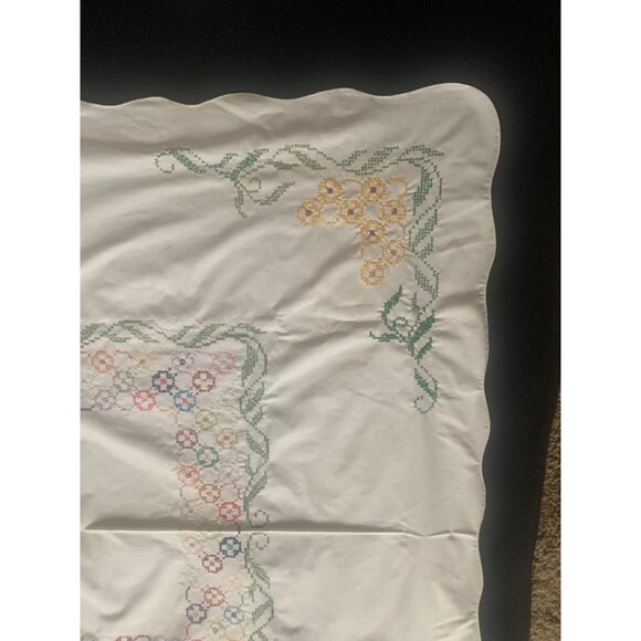 Vintage Hand Cross Stitch Floral Tablecloth with Scalloped Edges 48" x 51" Cotto - Picture 2 of 11
